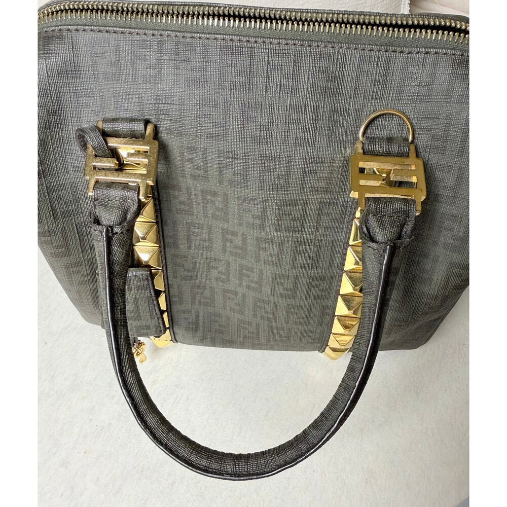 Authentic Fendi Zucca Studded Forever Bauletto Boston Bag Grey Spalmati Canvas - Picture 14 of 14